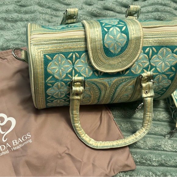 Banda Bags Handbags - Elegant Teal and Cream Barrel Bag by Banda Bags NWT